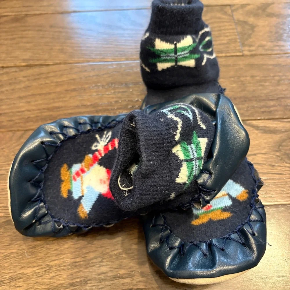 Hanna Andersson Slippers Sz 12-1Y Gnome Candy Cane Slippers Moccasins Navy Cozy‎